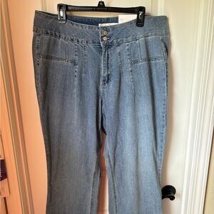 Women’s high rise boot cut jeans.